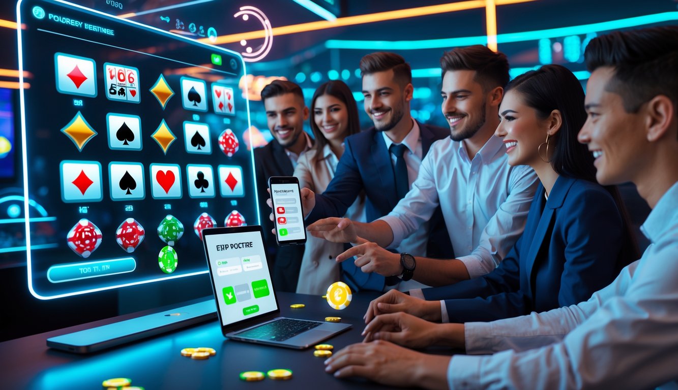 Beberapa orang muda menggunakan layar sentuh digital di kasino online dengan suasana modern dan teknologi canggih.