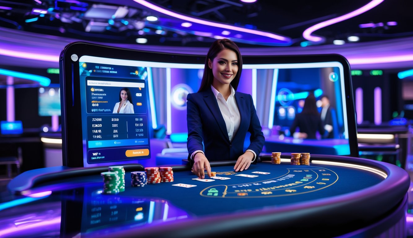 Seorang dealer wanita profesional sedang membagikan kartu di meja blackjack virtual dengan latar belakang antarmuka kasino online futuristik.