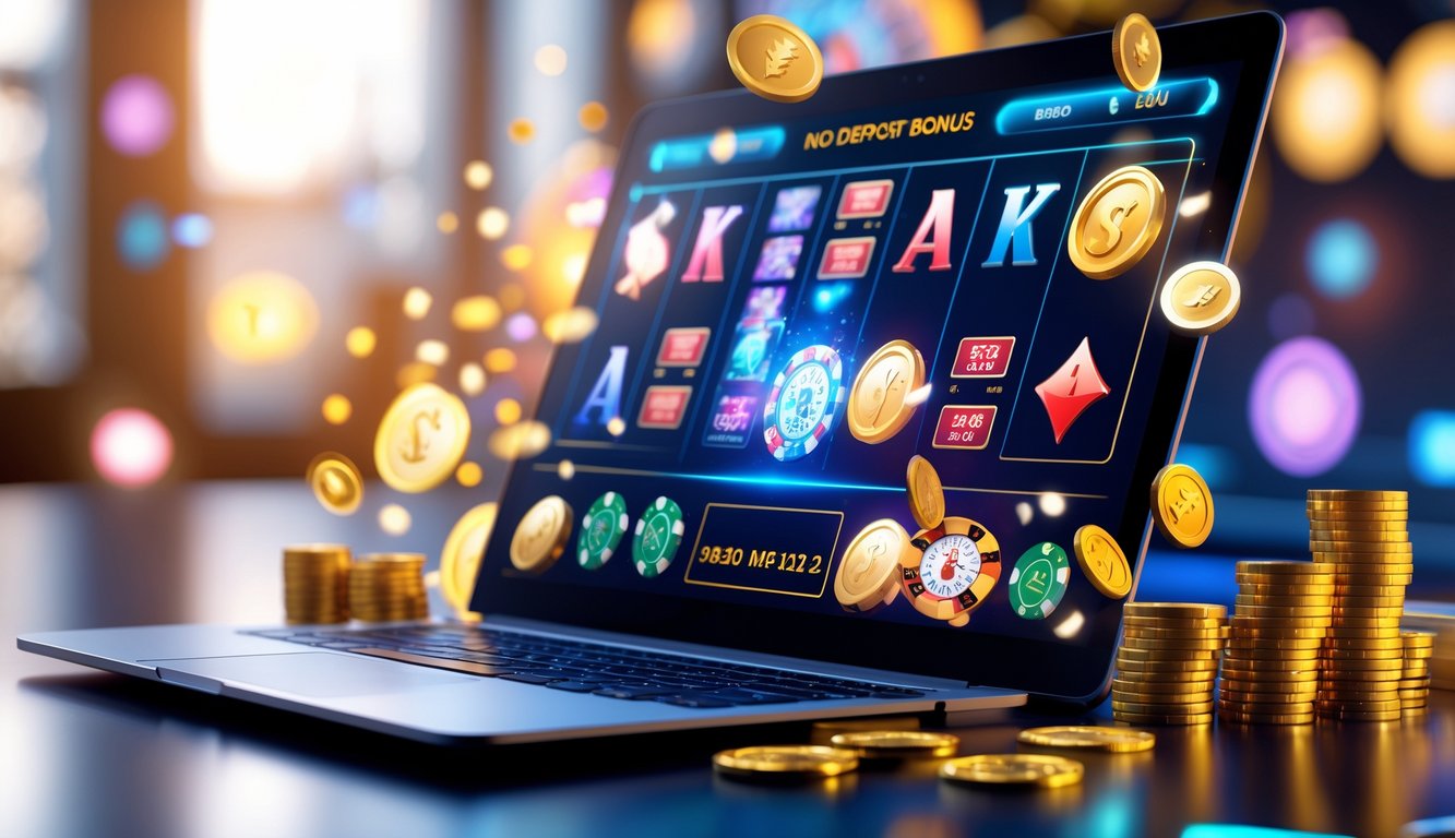 Sebuah perangkat digital menampilkan antarmuka kasino online dengan simbol mesin slot, kartu poker, dan roda roulette, dikelilingi oleh koin dan chip di latar belakang yang hangat dan modern.