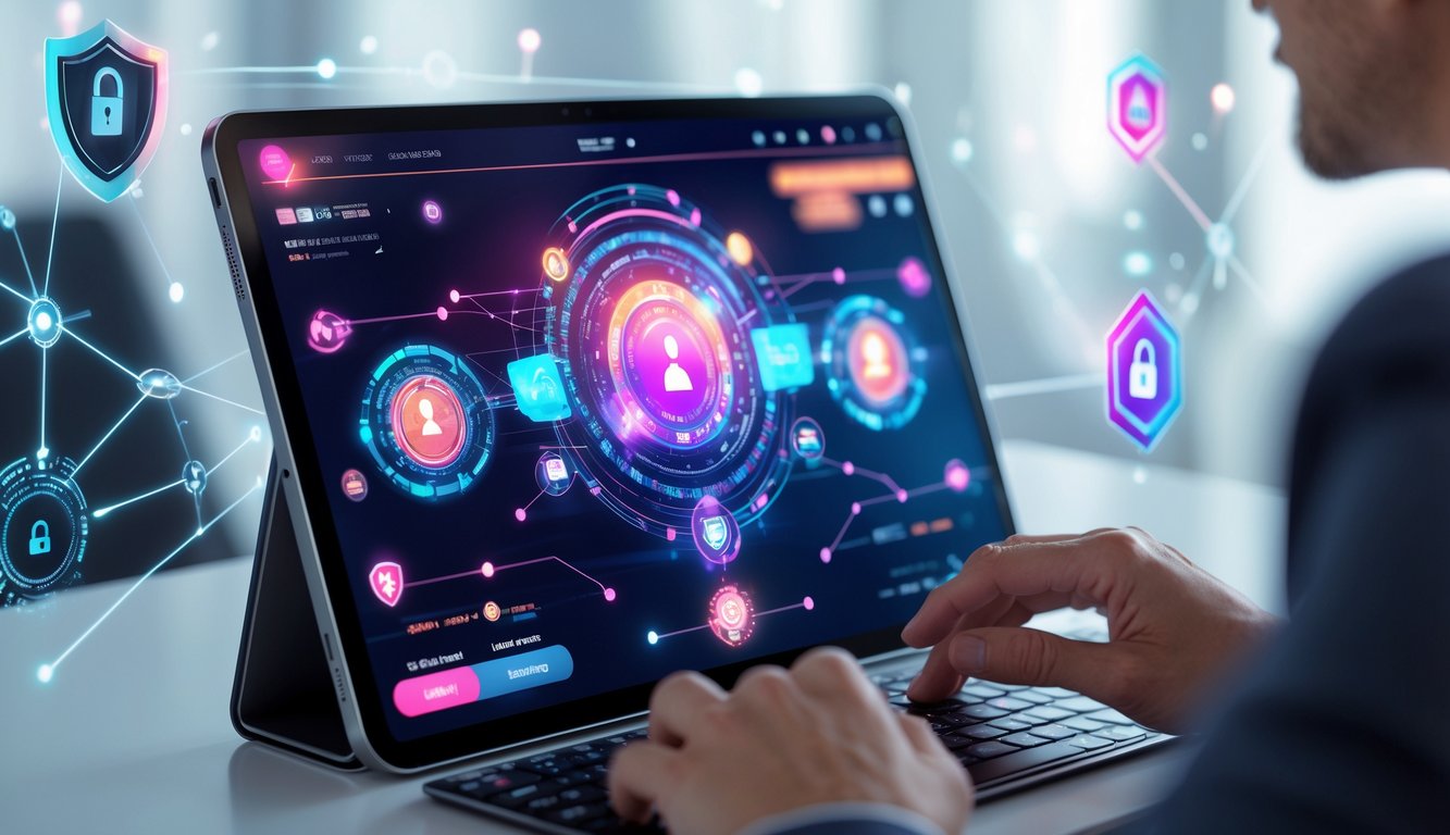 Seseorang menggunakan perangkat digital dengan tampilan permainan kasino online futuristik dan simbol keamanan digital di latar belakang.