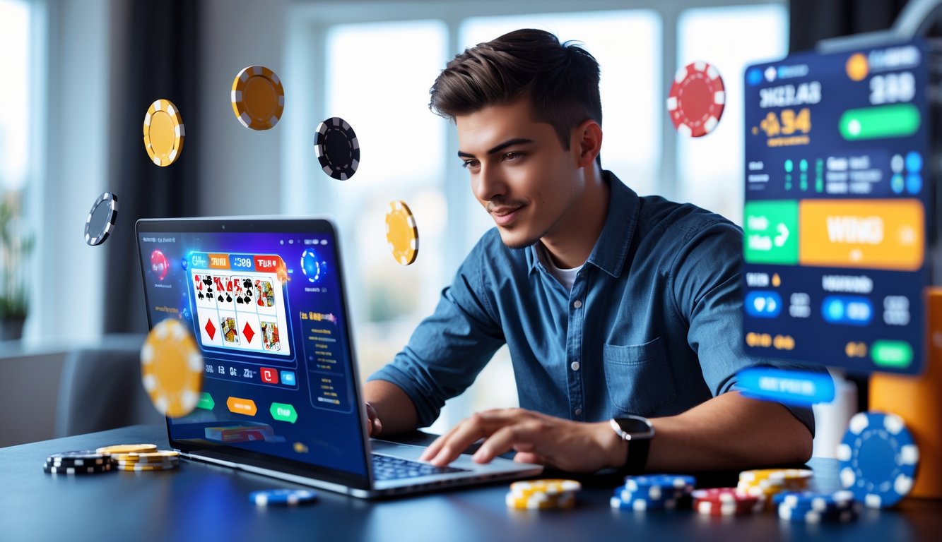 Seorang pria muda duduk di depan laptop dengan tampilan permainan kasino online, dikelilingi chip poker dan kartu remi.