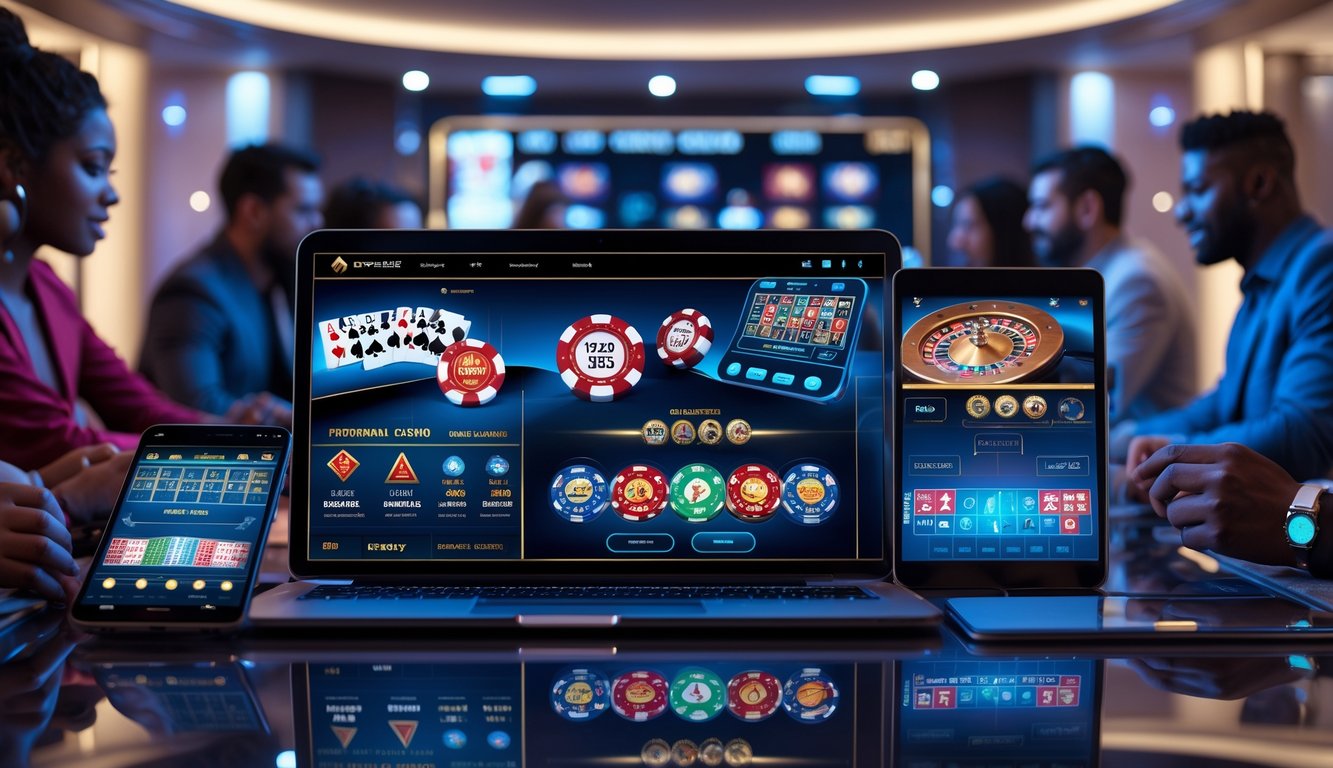 Orang-orang dari berbagai latar belakang bermain permainan kasino online di perangkat digital di sebuah ruangan modern dengan pencahayaan lembut.