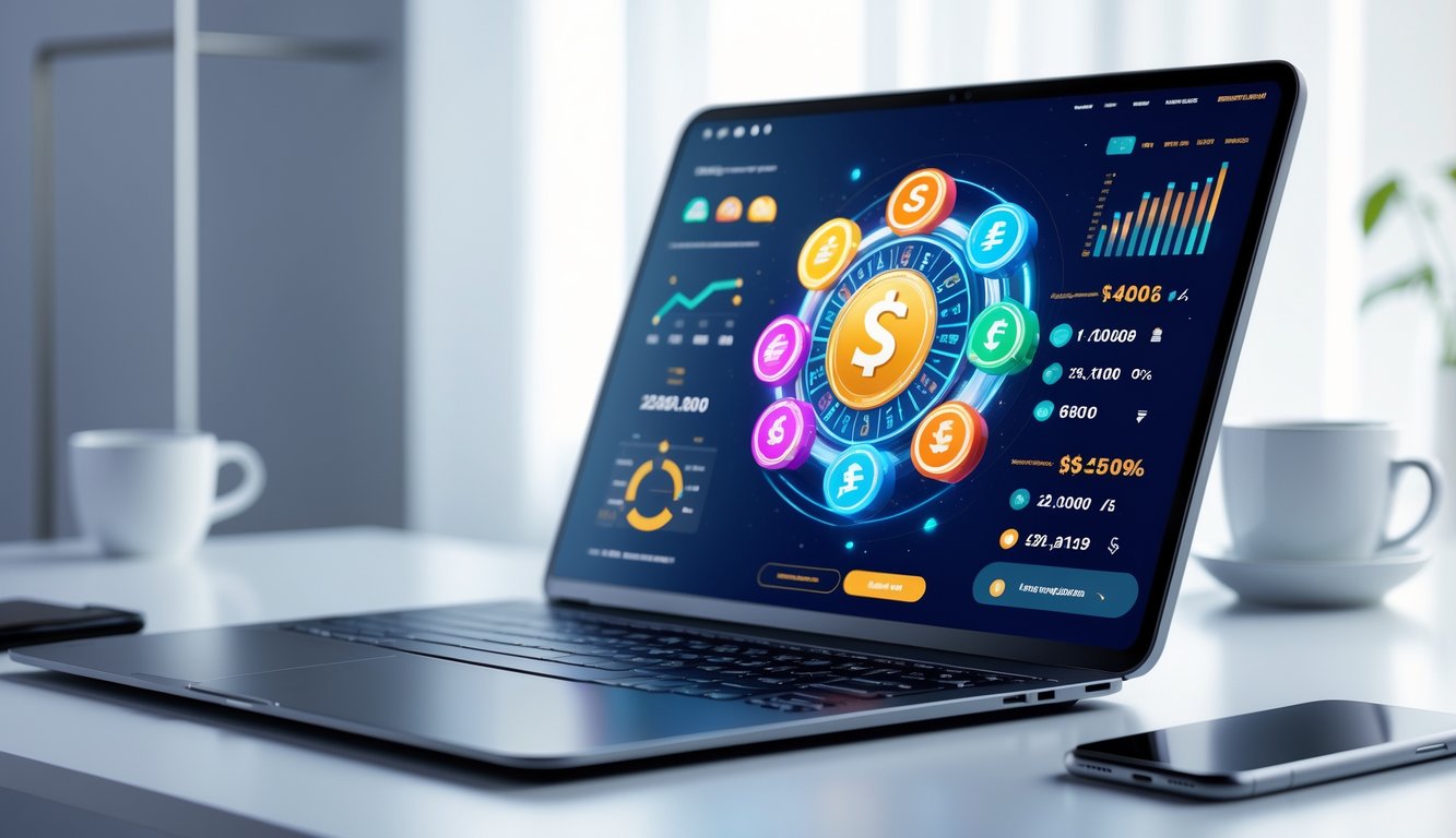 Seorang pengguna sedang melihat layar perangkat dengan antarmuka kasino online yang menampilkan ikon bonus, persentase RTP, dan indikator kecepatan penarikan dana.