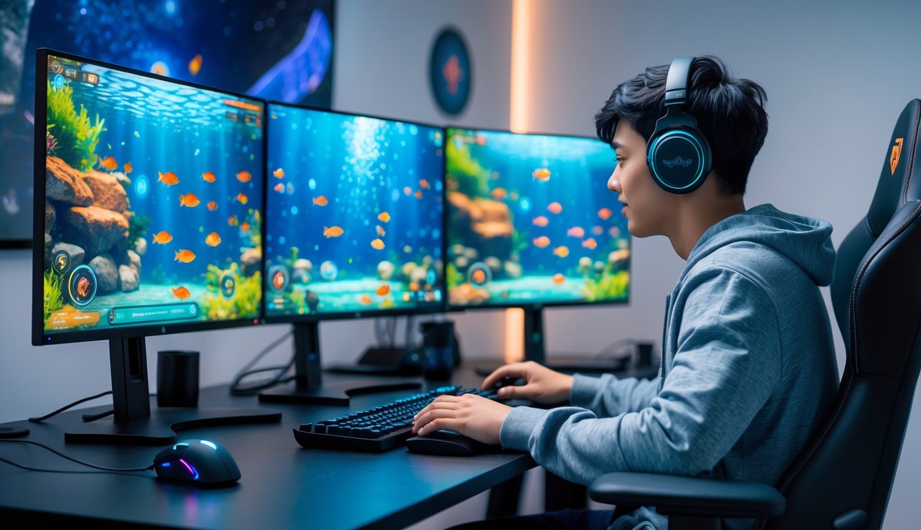 Seorang pemain muda sedang bermain permainan tembak ikan di depan beberapa monitor dengan latar bawah laut berwarna-warni.