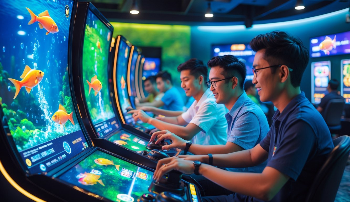 Sejumlah orang muda Indonesia sedang bermain game tembak ikan dengan layar sentuh berwarna-warni di ruang permainan modern dengan pencahayaan biru dan hijau.