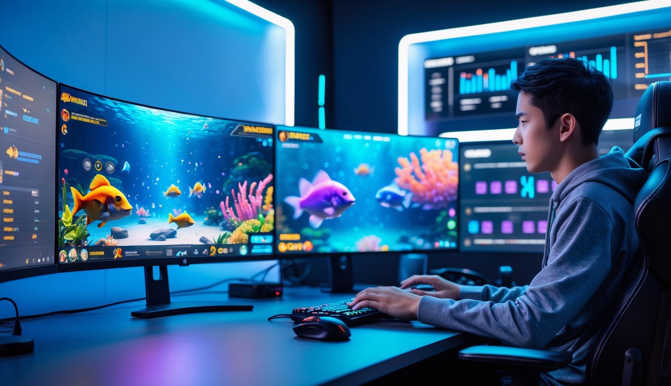 Seorang pria muda sedang bermain permainan tembak ikan di komputer dengan layar besar menampilkan ikan berwarna-warni dan elemen permainan di meja kerja yang rapi.
