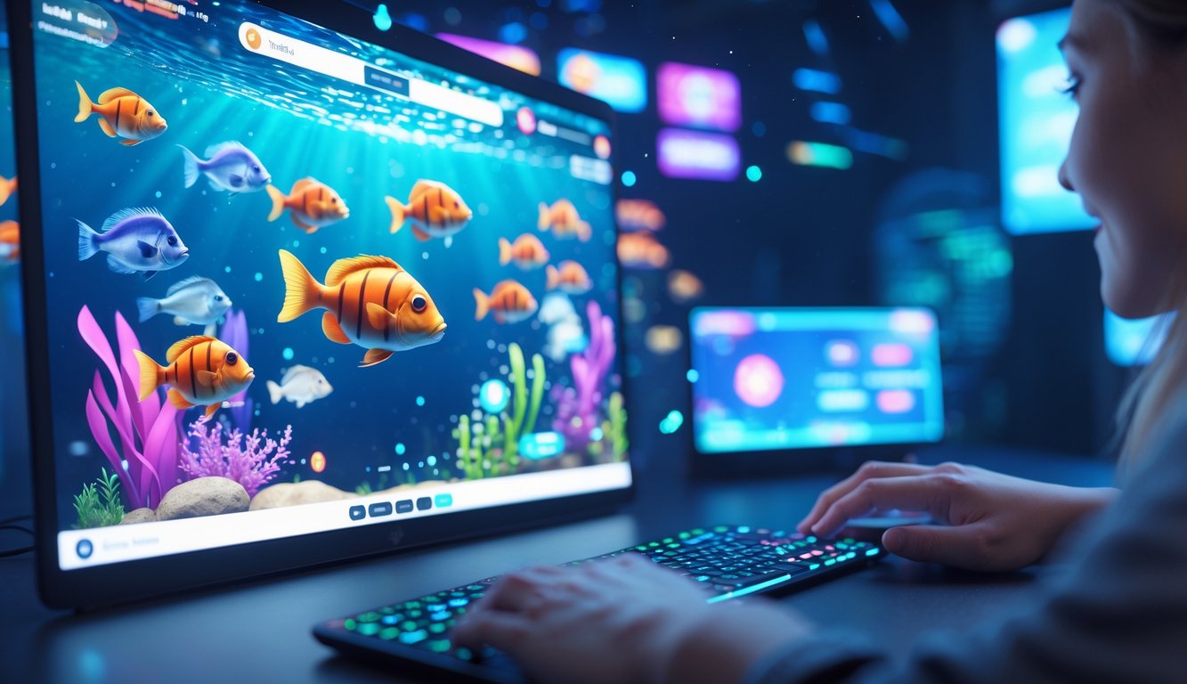 Tampilan layar permainan tembak ikan dengan grafis bawah laut berwarna-warni dan berbagai ikan animasi.