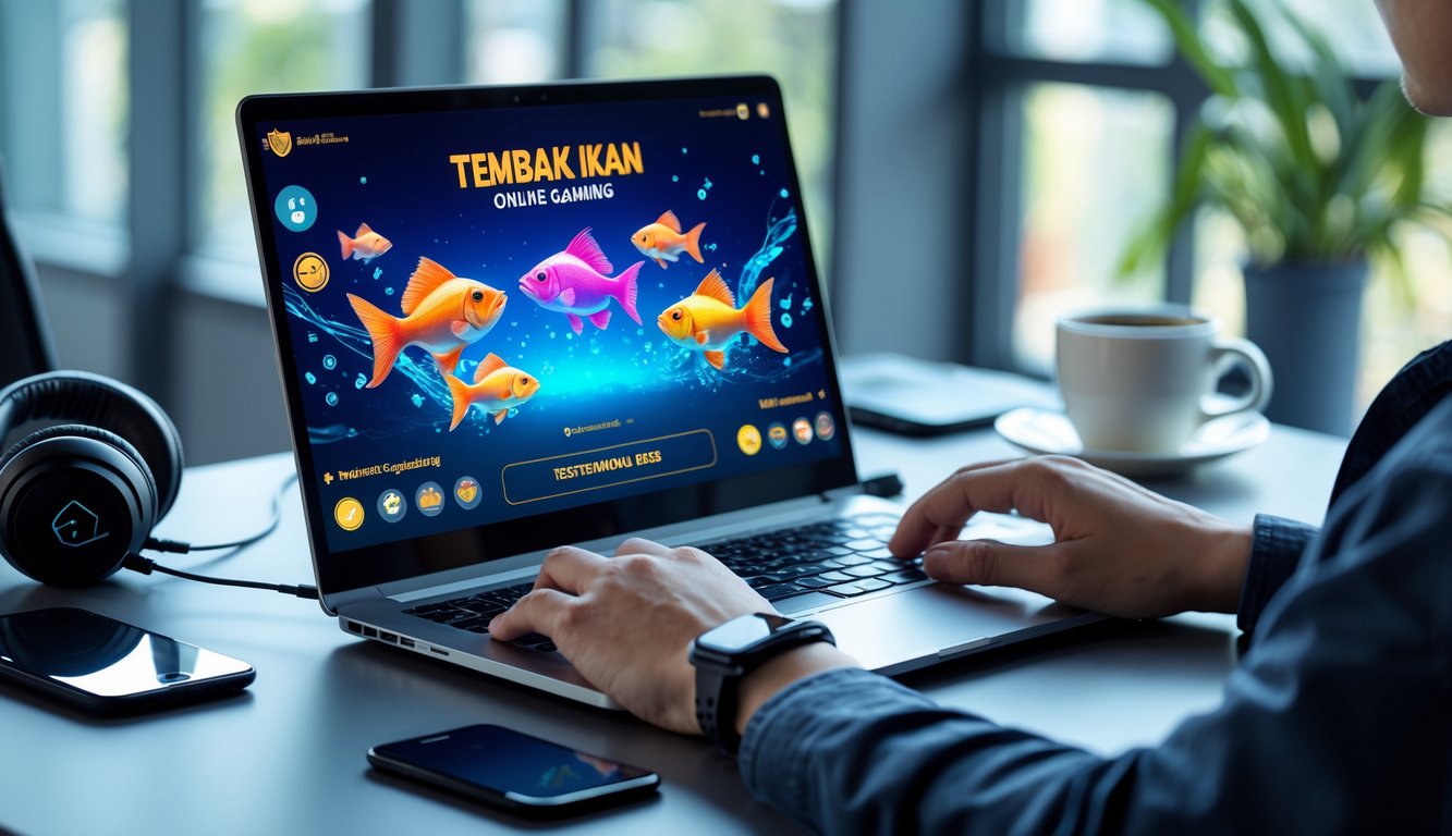 Seseorang menggunakan laptop dengan permainan tembak ikan digital di layar di sebuah meja kerja yang rapi dan terang.