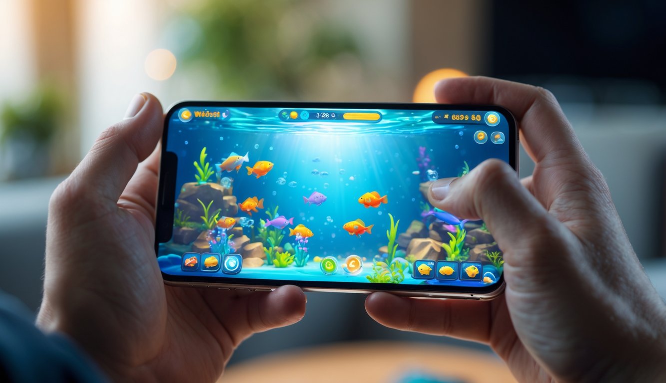 Seseorang memegang ponsel yang menampilkan permainan tembak ikan dengan latar belakang ruangan yang nyaman.