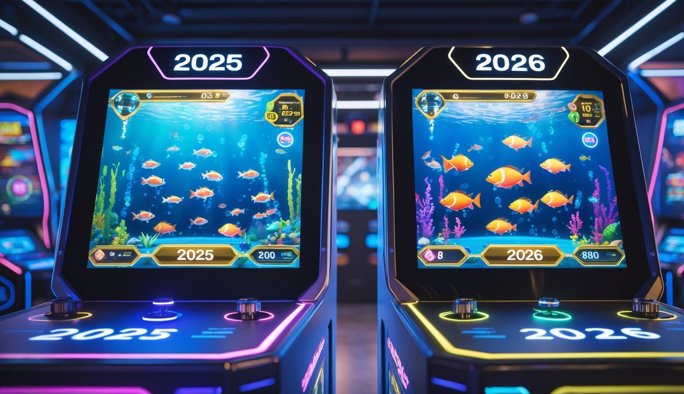 Dua konsol permainan digital bertema bawah laut berdampingan dengan layar warna-warni yang menampilkan ikan dan elemen gameplay, menggambarkan pembaruan sistem dan permainan antara tahun 2025 dan 2026.
