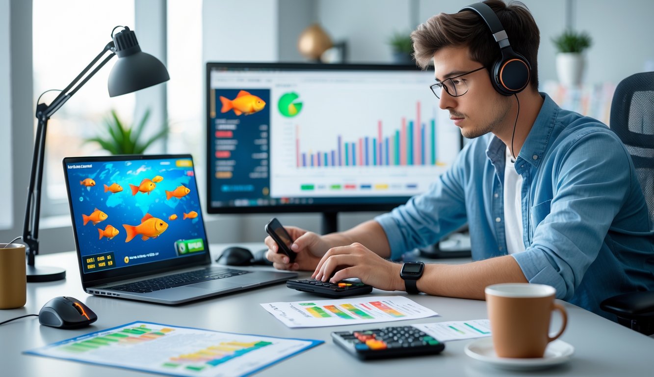 Seorang dewasa muda sedang duduk di meja dengan laptop dan smartphone yang menampilkan permainan tembak ikan, sambil menganalisis catatan dan grafik keuangan.