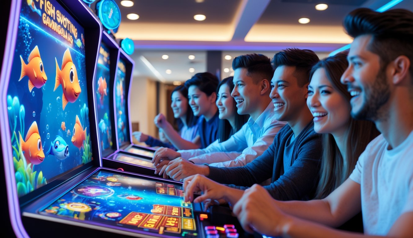 Sekelompok orang muda bermain game tembak ikan di mesin arcade dengan latar belakang lounge game modern.