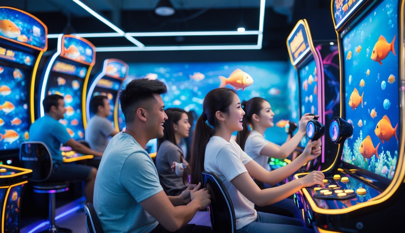 Beberapa orang sedang bermain permainan tembak ikan di sebuah arcade dengan mesin permainan berwarna-warni dan layar bergambar ikan.