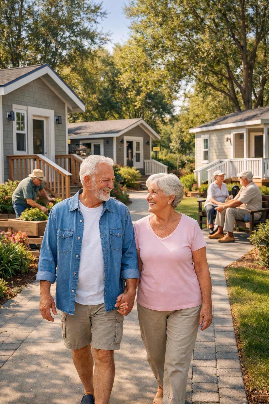 Tiny Homes For Seniors Over 60: 5 Smart, Accessible Living Options 2 A senior couple walking hand in hand along a path in a community of tiny homes surrounded by trees and gardens, with other seniors enjoying outdoor activities nearby.