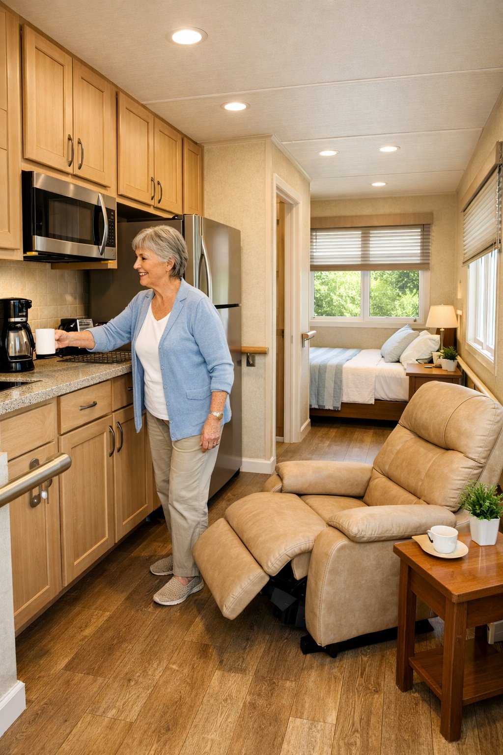 Tiny Homes For Seniors Over 60: 5 Smart, Accessible Living Options 9 An elderly woman in a bright tiny home designed with accessibility features like handrails and wide doorways, reaching for a cup in a safe and comfortable living space.