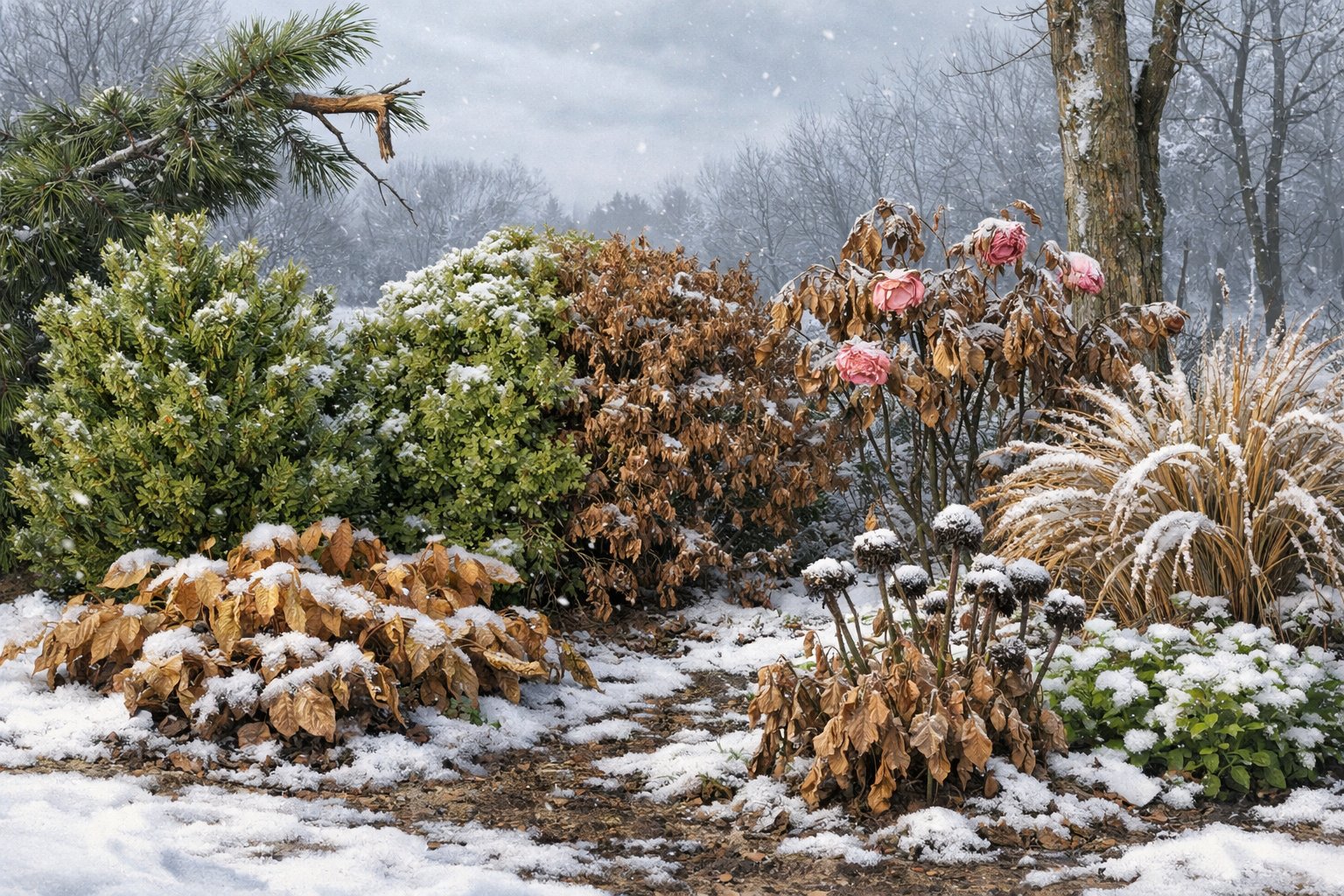 A winter landscape showing various plants with some covered in frost and snow, displaying signs of damage like brown leaves and broken branches.