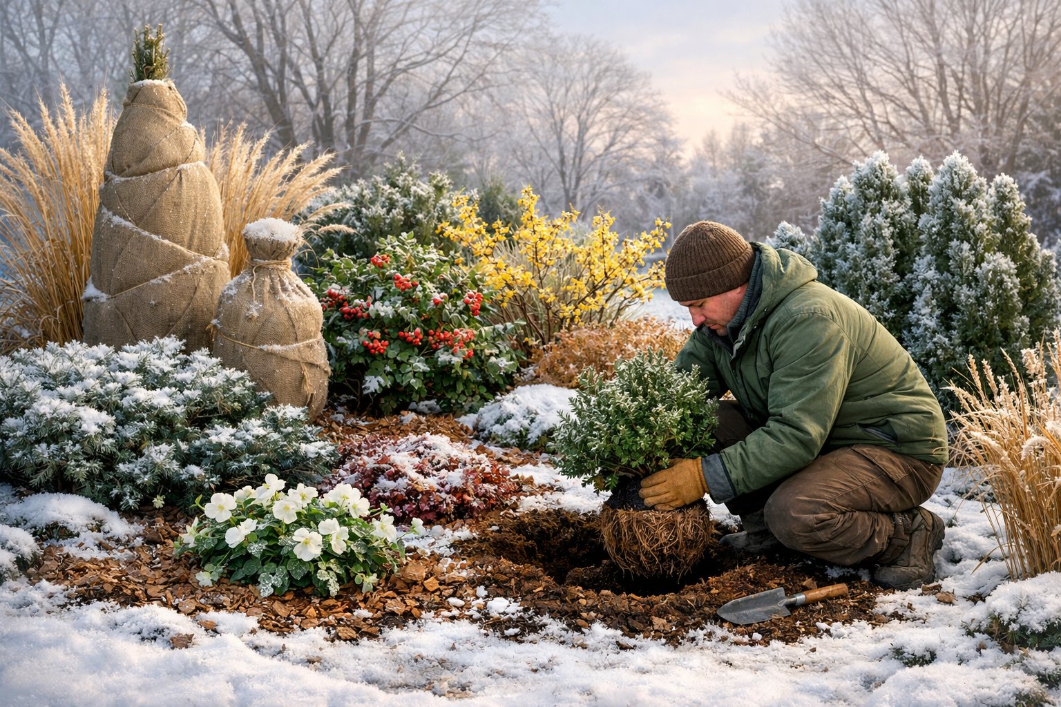 A gardener planting and arranging hardy plants in a snowy winter garden with protective coverings and mulch.