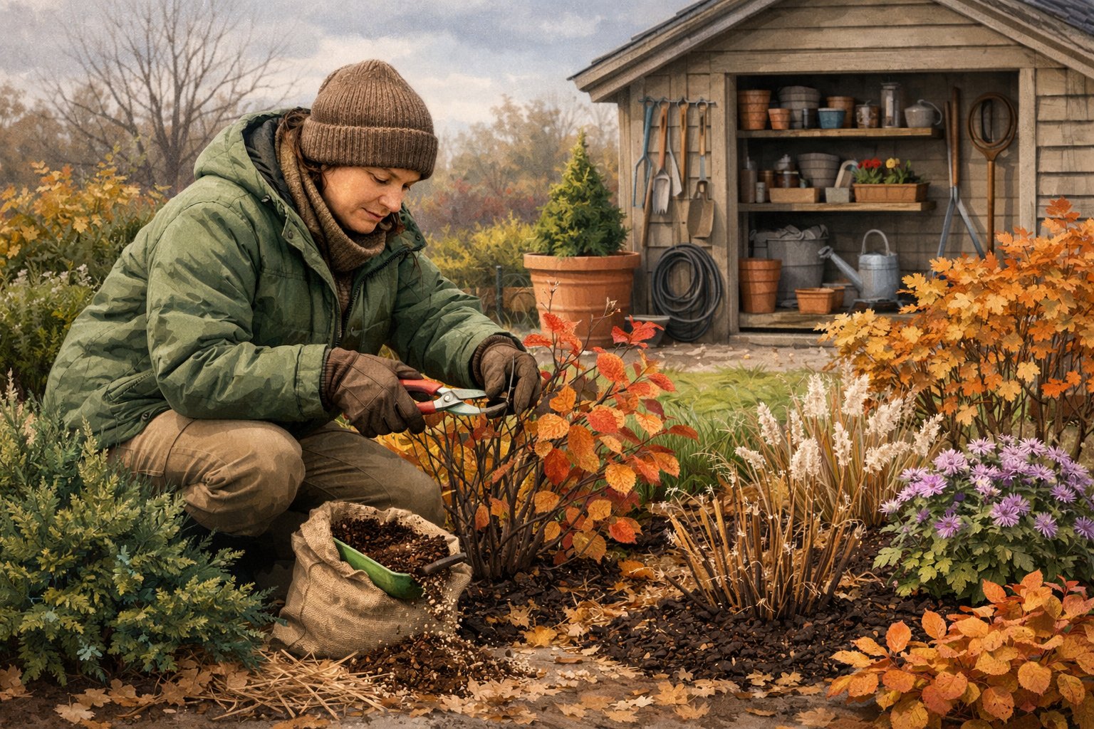 A gardener tending to plants in a garden preparing them for winter, trimming branches and applying fertilizer among shrubs and small trees with autumn-colored leaves.