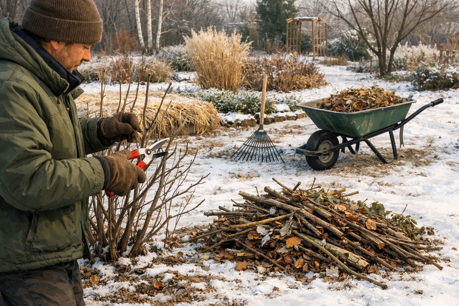 A gardener pruning leafless branches and managing garden debris in a winter garden with dormant plants and light snow on the ground.
