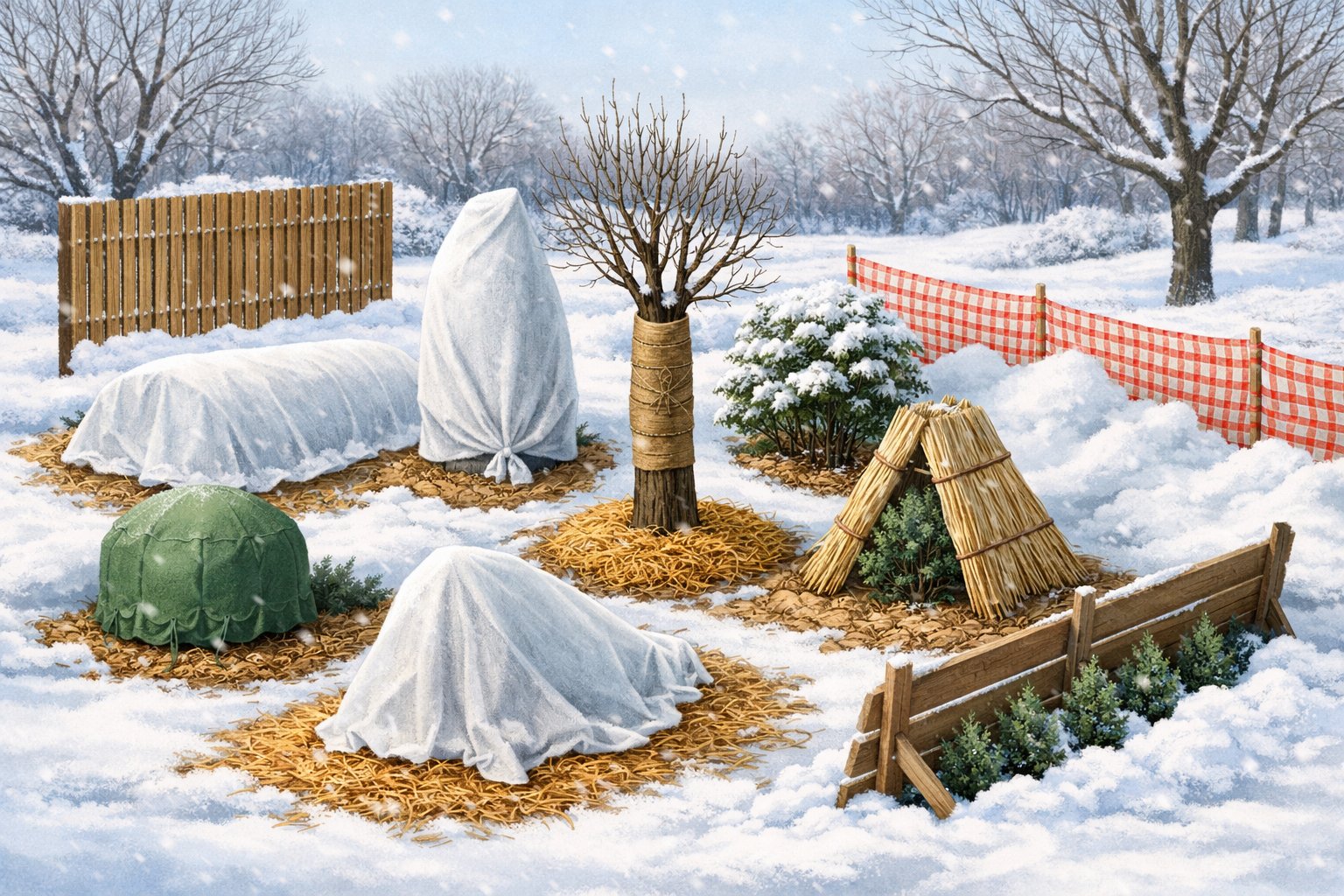 Outdoor scene showing plants and trees protected by various winter barriers like covers, fences, and wraps in a snowy landscape.