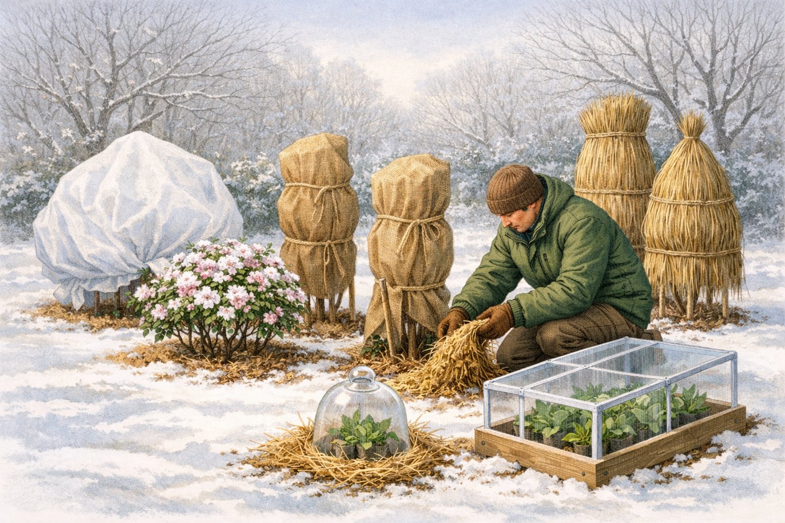 A gardener protecting various special plants with coverings and mulch in a winter garden setting.
