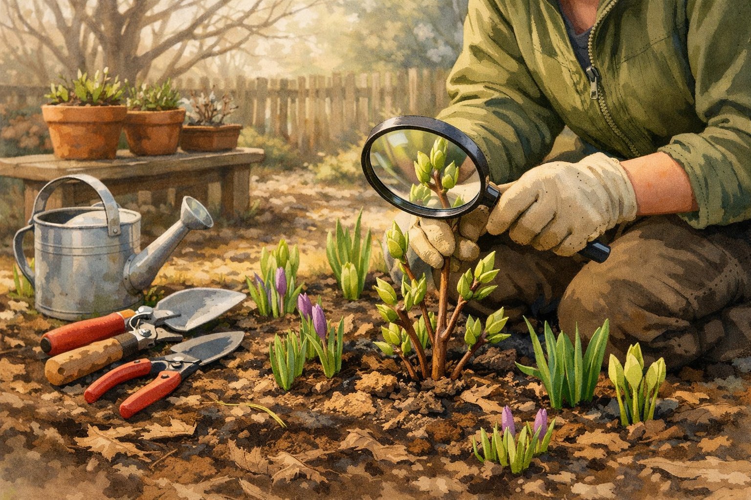 A gardener inspecting plants in a garden during early spring, surrounded by gardening tools and new plant growth.