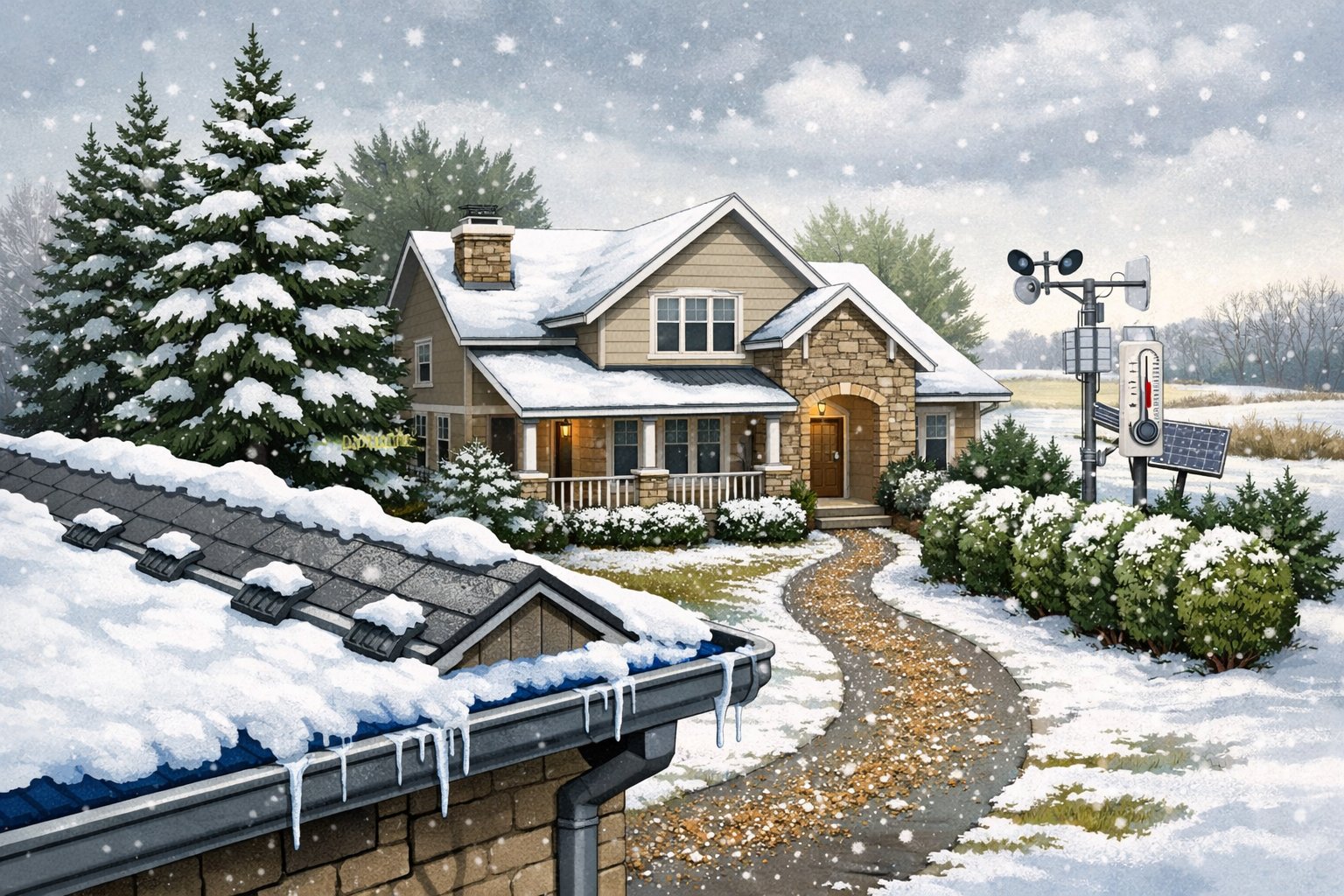 A suburban home protected against winter damage with snow guards on the roof, evergreen trees as windbreaks, a salted pathway, and a weather monitoring station in the background during light snowfall.