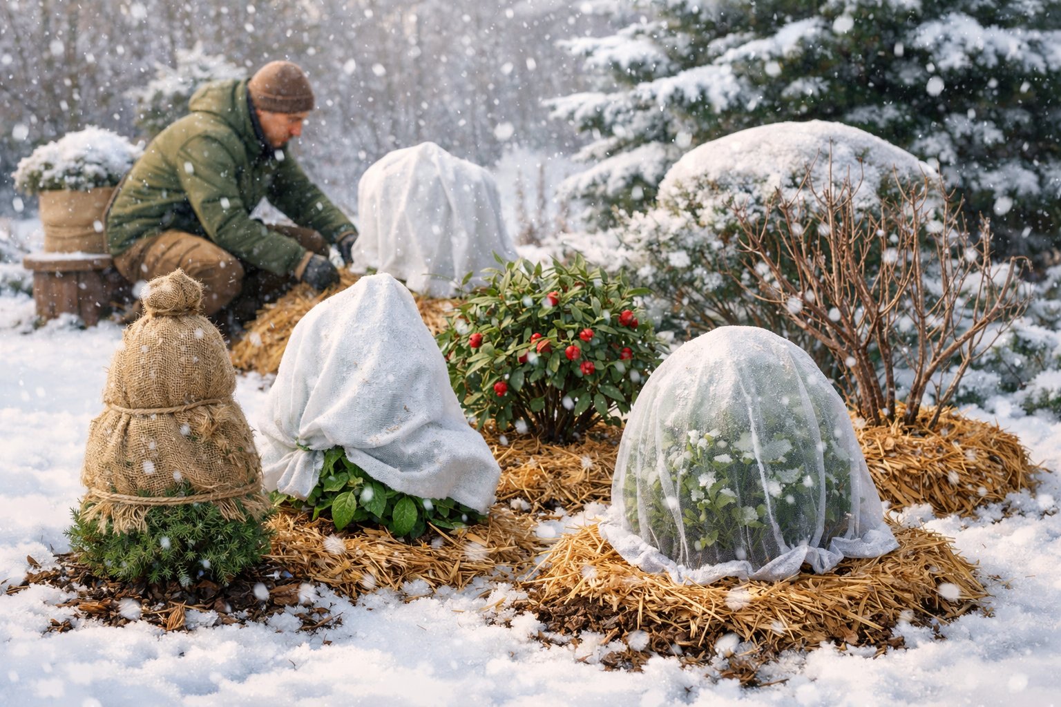 A winter garden scene showing healthy plants and small trees covered with protective materials while snow falls gently, with a gardener tending to them.