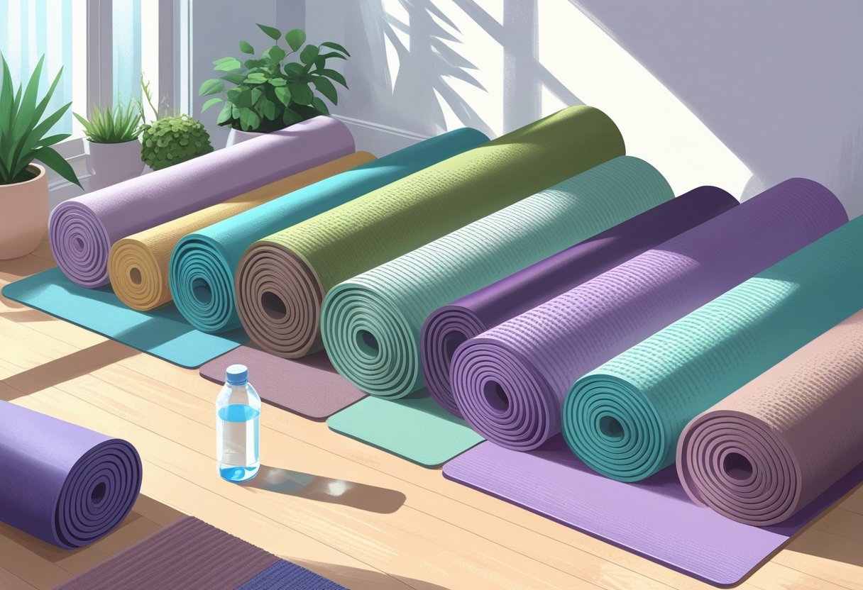 A collection of colorful yoga mats arranged on a wooden floor in a bright studio with plants and yoga accessories nearby.