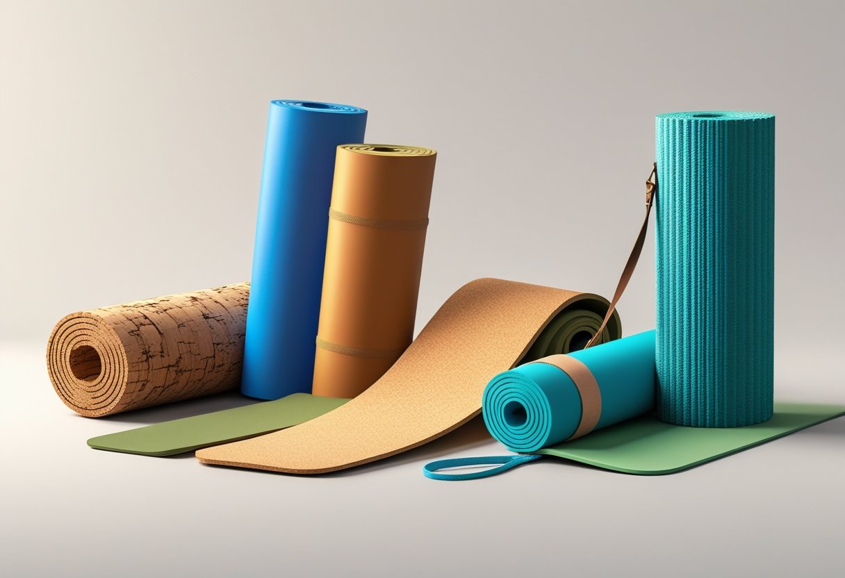 A variety of yoga mats displayed side by side, showing different colors, materials, and thicknesses.