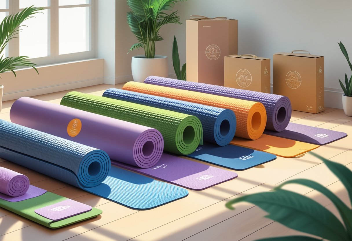 A display of various yoga mats in a bright studio with wooden floors and plants, showing different colors and textures arranged neatly.
