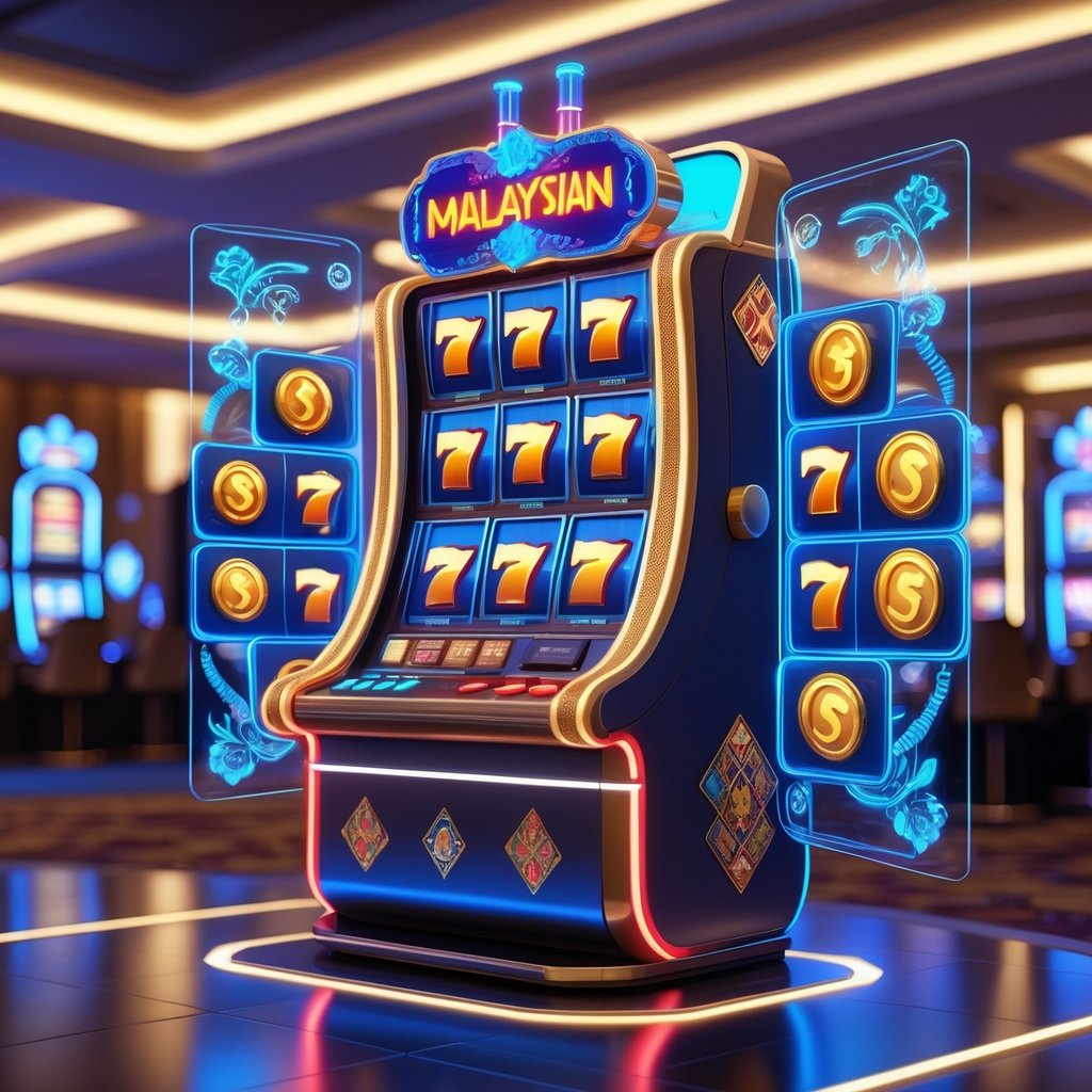 Pemandangan mesin slot modern dengan lampu neon dan motif budaya Malaysia di dalam kasino futuristik.
