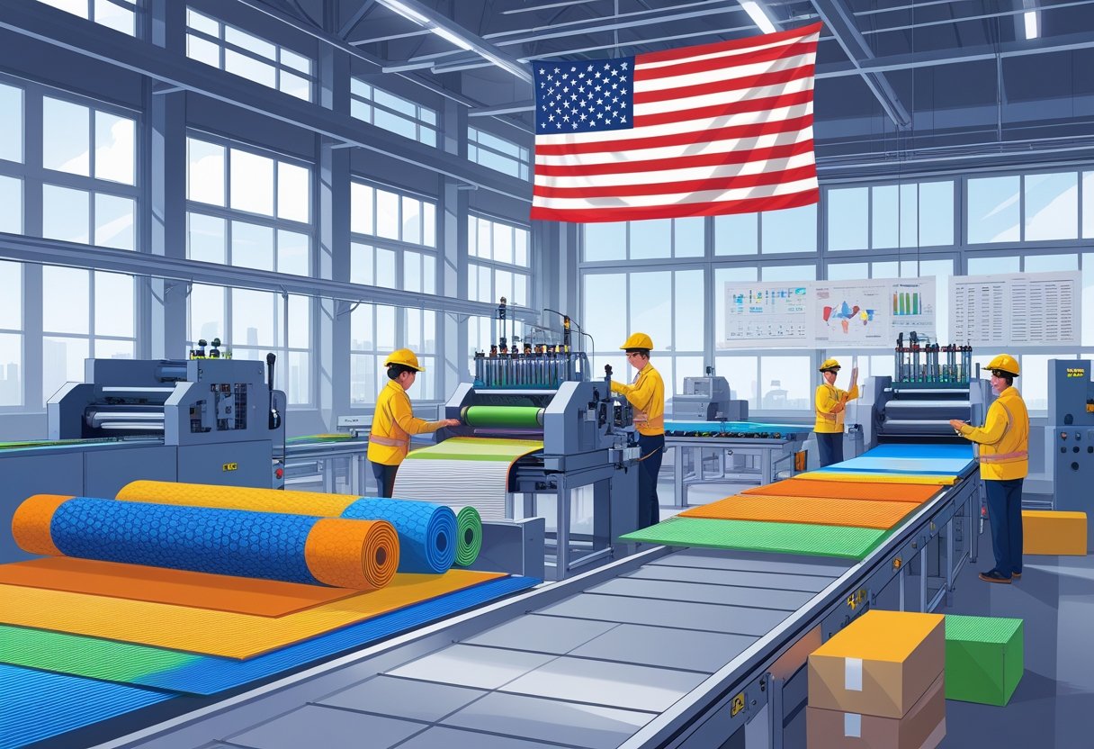 A manufacturing facility in the USA where workers operate machines producing and packaging colorful yoga mats.