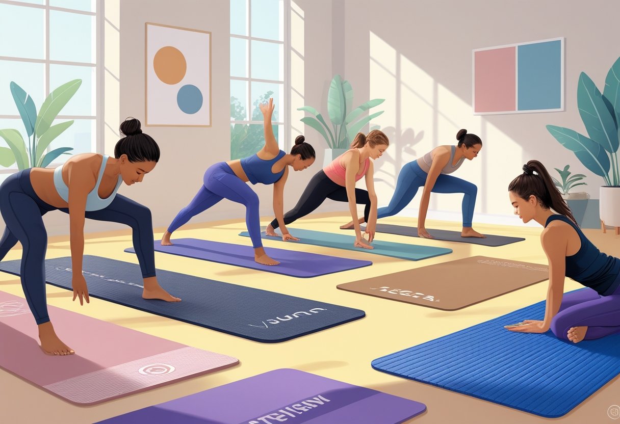Several people practicing yoga on different yoga mats in a bright studio with natural light and plants.