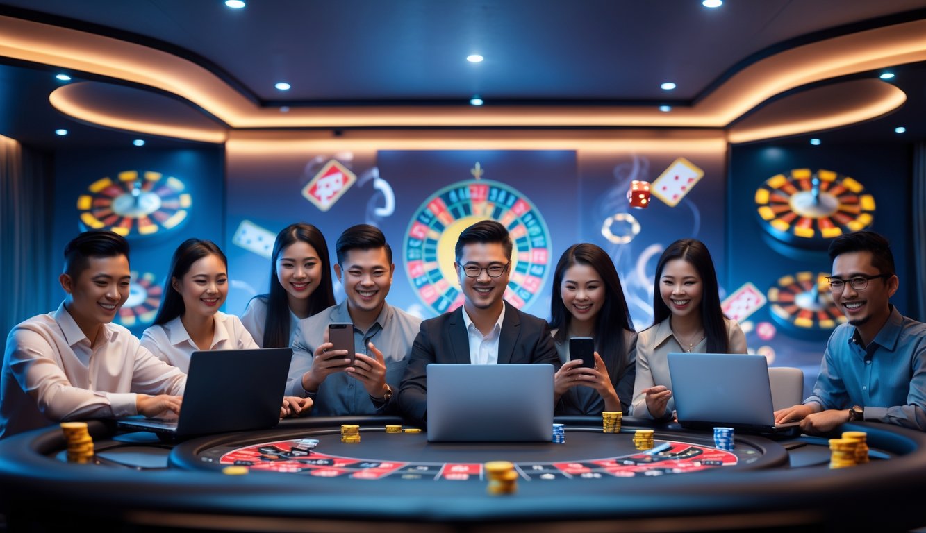 Beberapa orang menggunakan laptop dan ponsel di ruangan modern yang menggambarkan kasino online terpercaya dan aman di Indonesia.