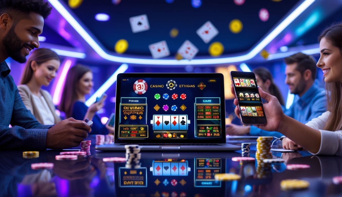Beberapa orang menggunakan perangkat digital untuk bermain permainan kasino online dengan latar belakang meja kasino dan peralatan permainan.