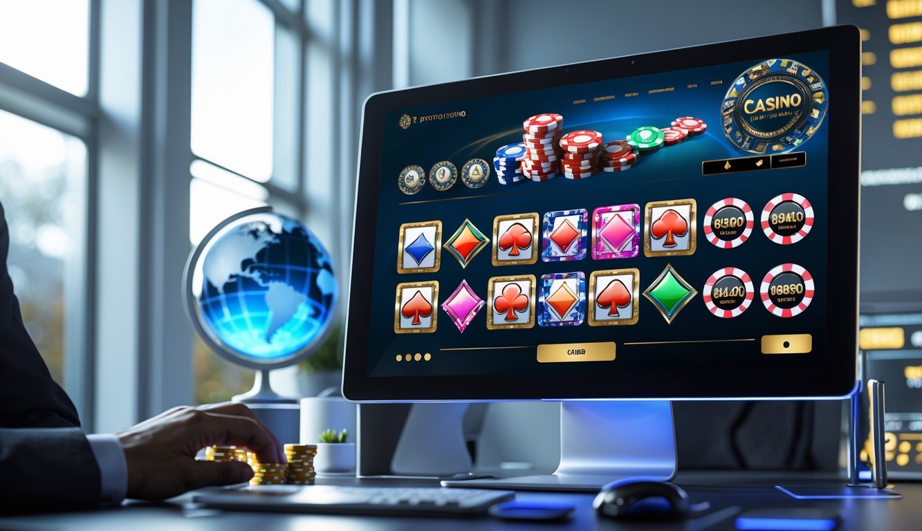Sebuah meja kerja modern dengan komputer menampilkan permainan kasino online yang berwarna-warni dan simbol keamanan digital di latar belakang.