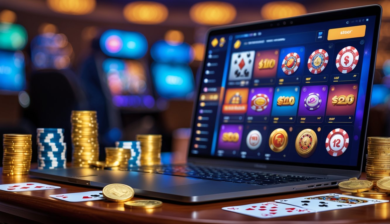 Sebuah laptop menampilkan permainan kasino online dengan chip poker, koin emas, dan kartu bermain di atas meja kayu.