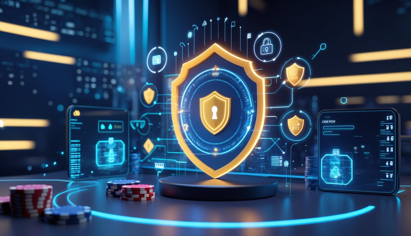 Tampilan antarmuka digital kasino online modern yang aman dengan elemen keamanan dan simbol kasino seperti kartu dan chip.