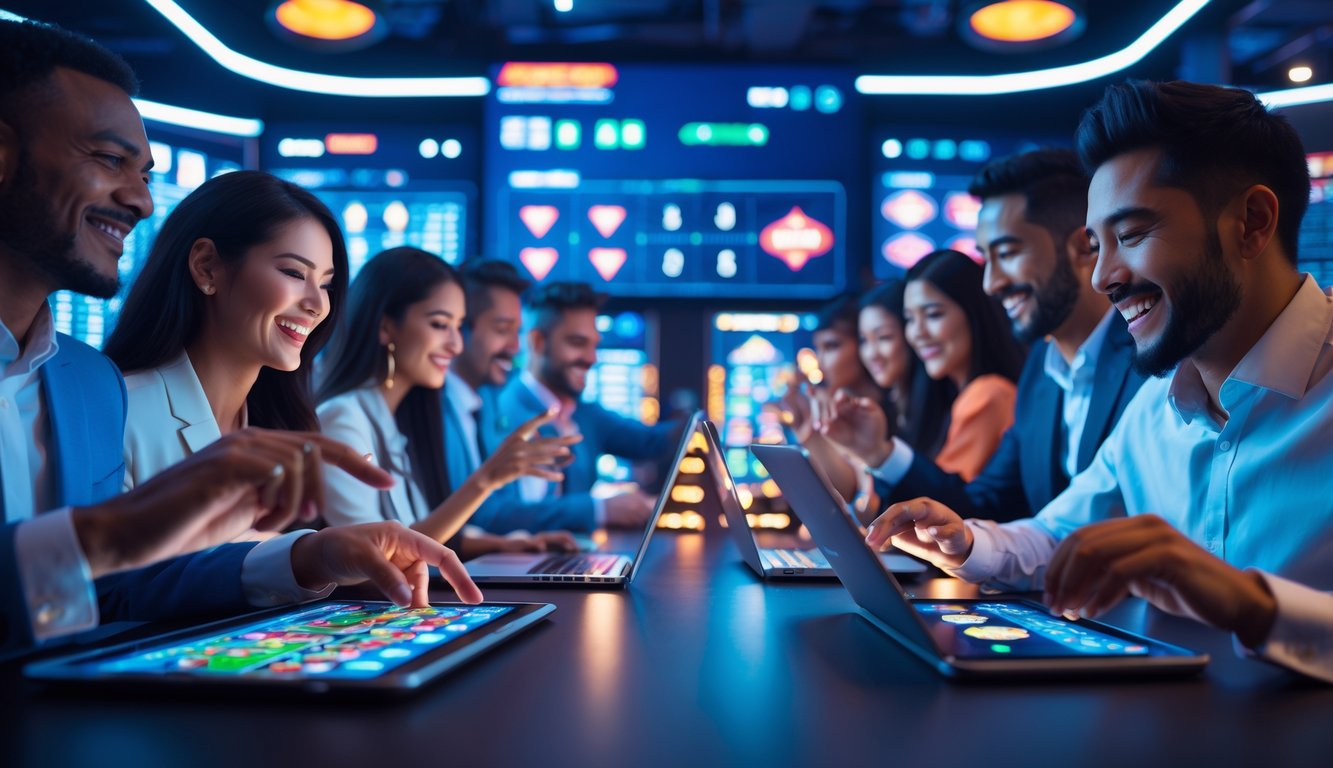 Orang-orang beragam sedang bermain game kasino online menggunakan perangkat digital di lingkungan kasino modern yang ramai dan cerah.