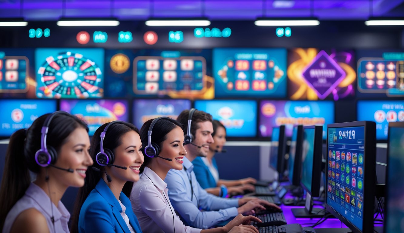 Tim layanan pelanggan kasino online sedang bekerja di kantor dengan komputer dan monitor permainan kasino di latar belakang.