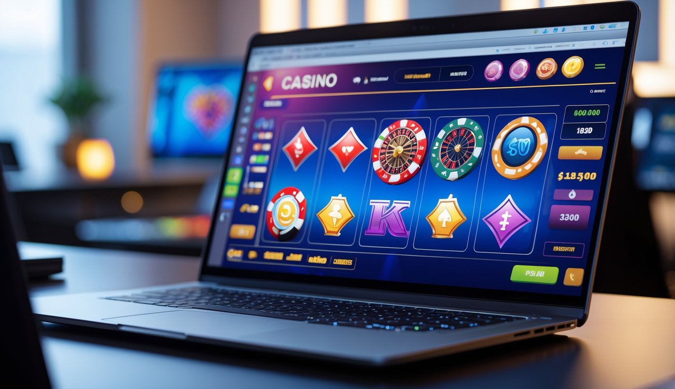 Seorang pengguna duduk di depan komputer dengan layar menampilkan permainan kasino online yang berwarna-warni, di ruang kerja yang terang dan rapi.
