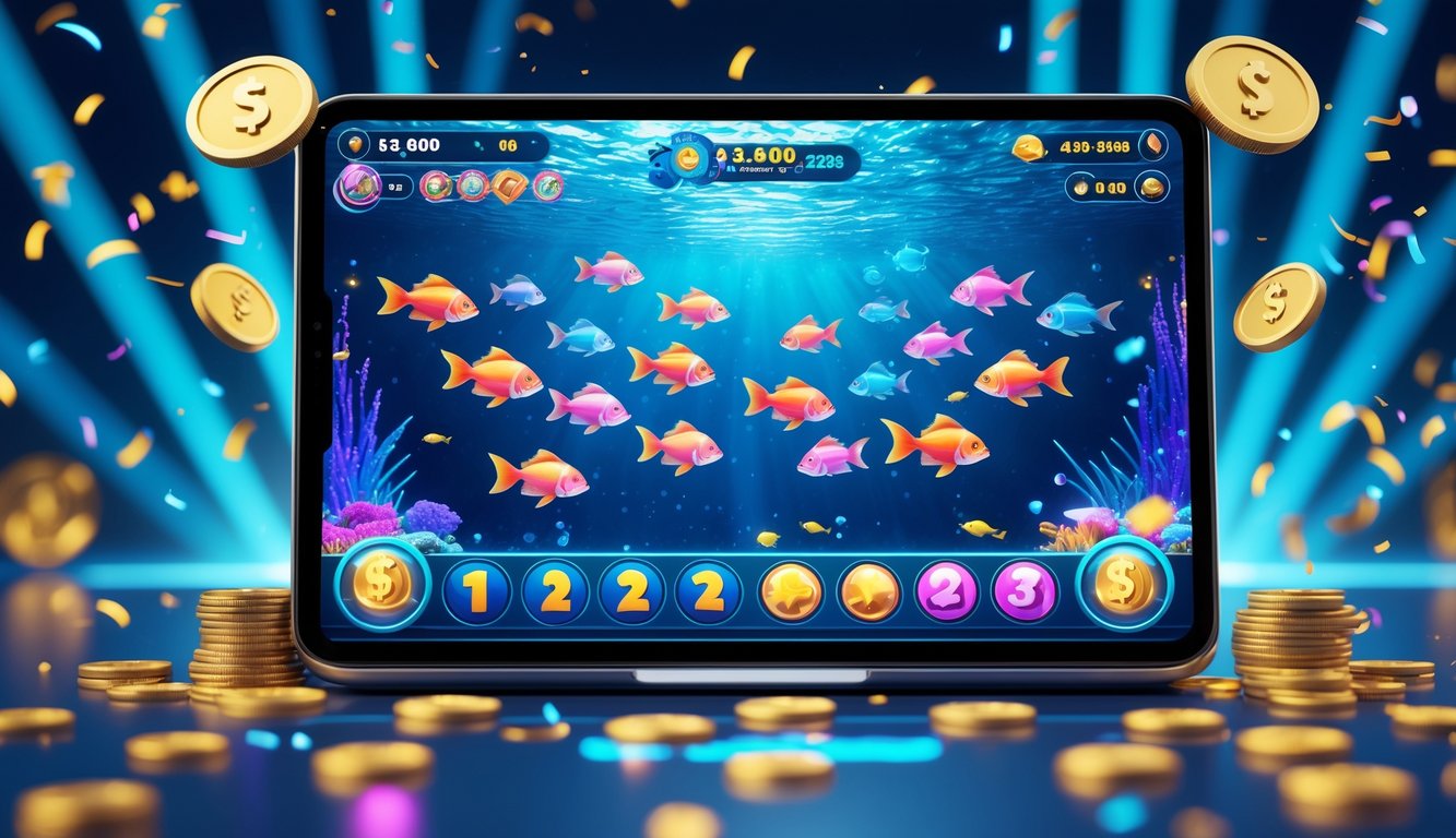 Layar perangkat menampilkan permainan menembak ikan bawah laut dengan ikan berwarna-warni dan efek cahaya yang dinamis.