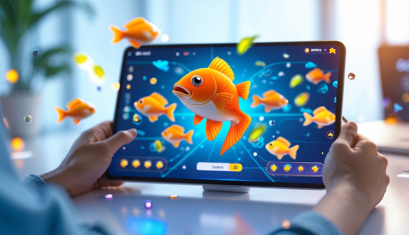 Seorang pemain menggunakan tablet untuk bermain permainan tembak ikan dengan ikan-ikan berwarna-warni yang bergerak di layar.