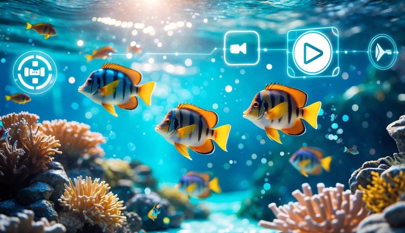 Pemandangan bawah laut dengan ikan tropis berwarna-warni berenang di sekitar terumbu karang dan sinar matahari yang menembus permukaan air.