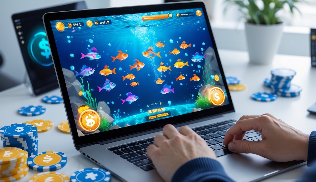 Seorang pengguna sedang bermain game tembak ikan di komputer dengan latar belakang grafis bawah laut yang berwarna-warni dan elemen perjudian digital di sekitarnya.