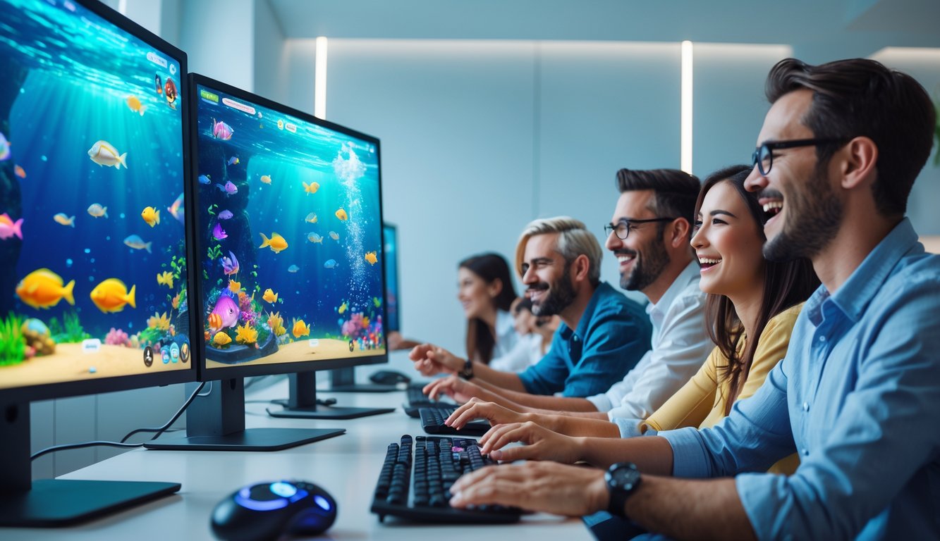 Orang-orang bermain game tembak ikan di komputer dengan latar ruangan modern dan suasana menyenangkan.