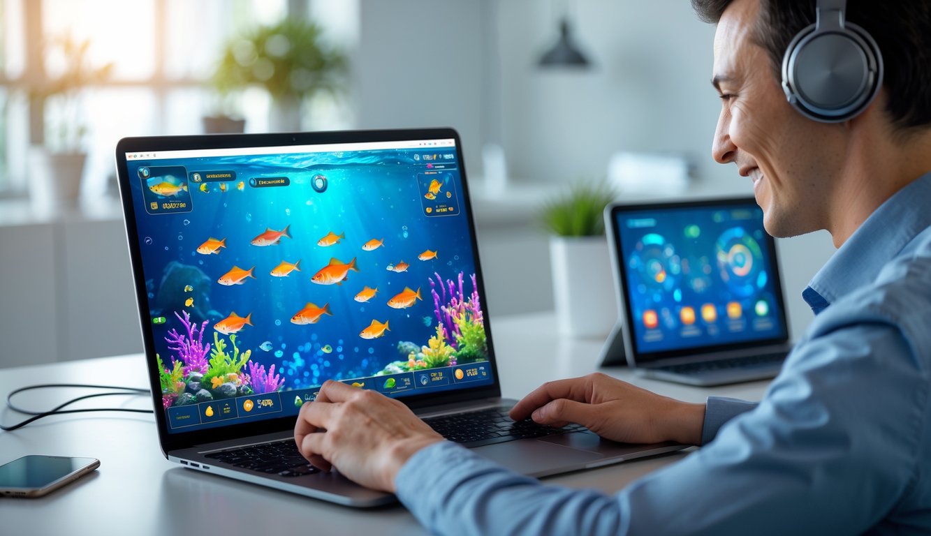 Seseorang sedang bermain permainan tembak ikan online di laptop di ruang kerja yang terang dan rapi.