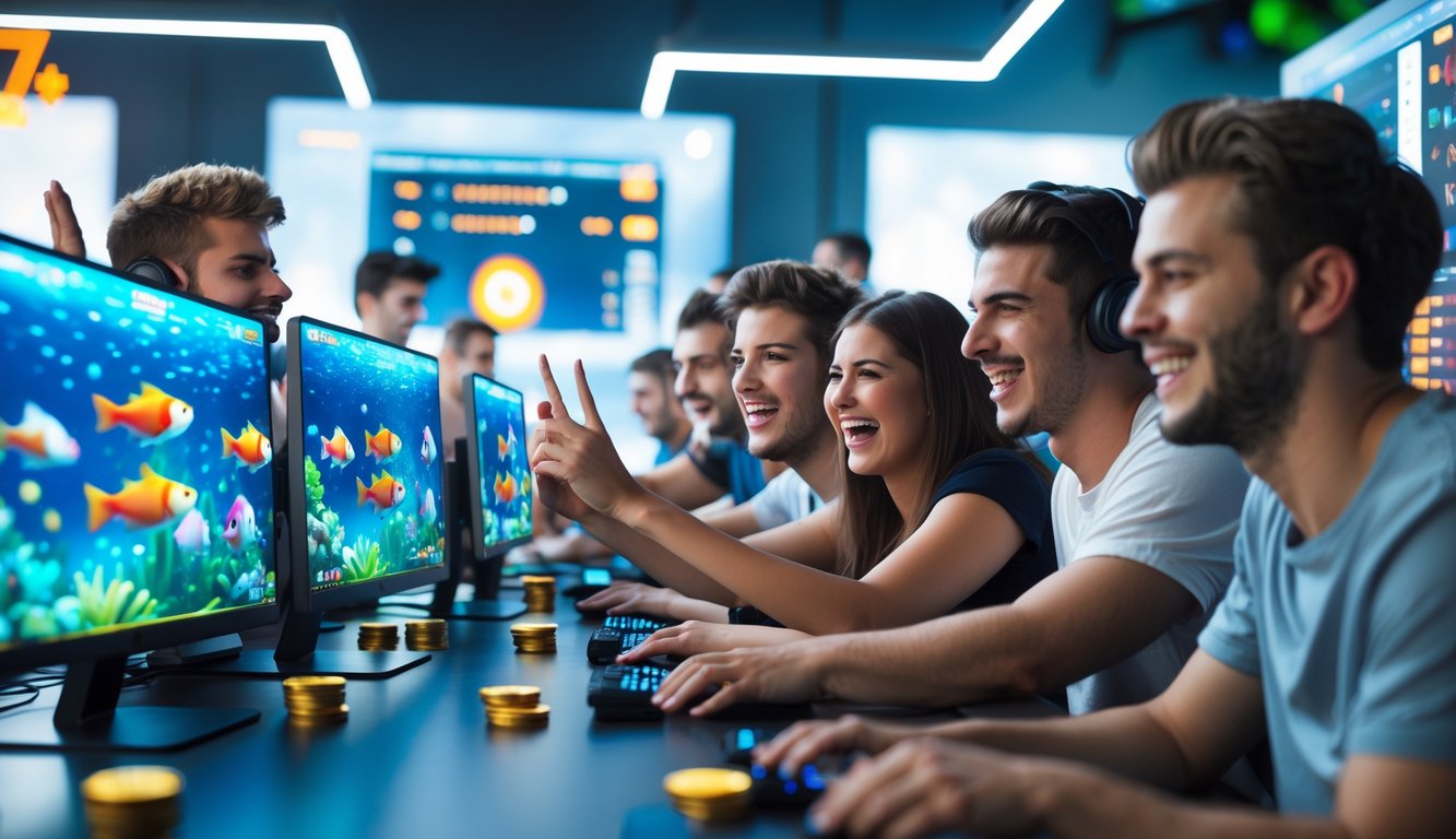 Sekelompok orang muda bermain game tembak ikan secara online di sebuah ruangan modern dengan layar komputer dan ponsel yang menampilkan grafik ikan berwarna-warni.