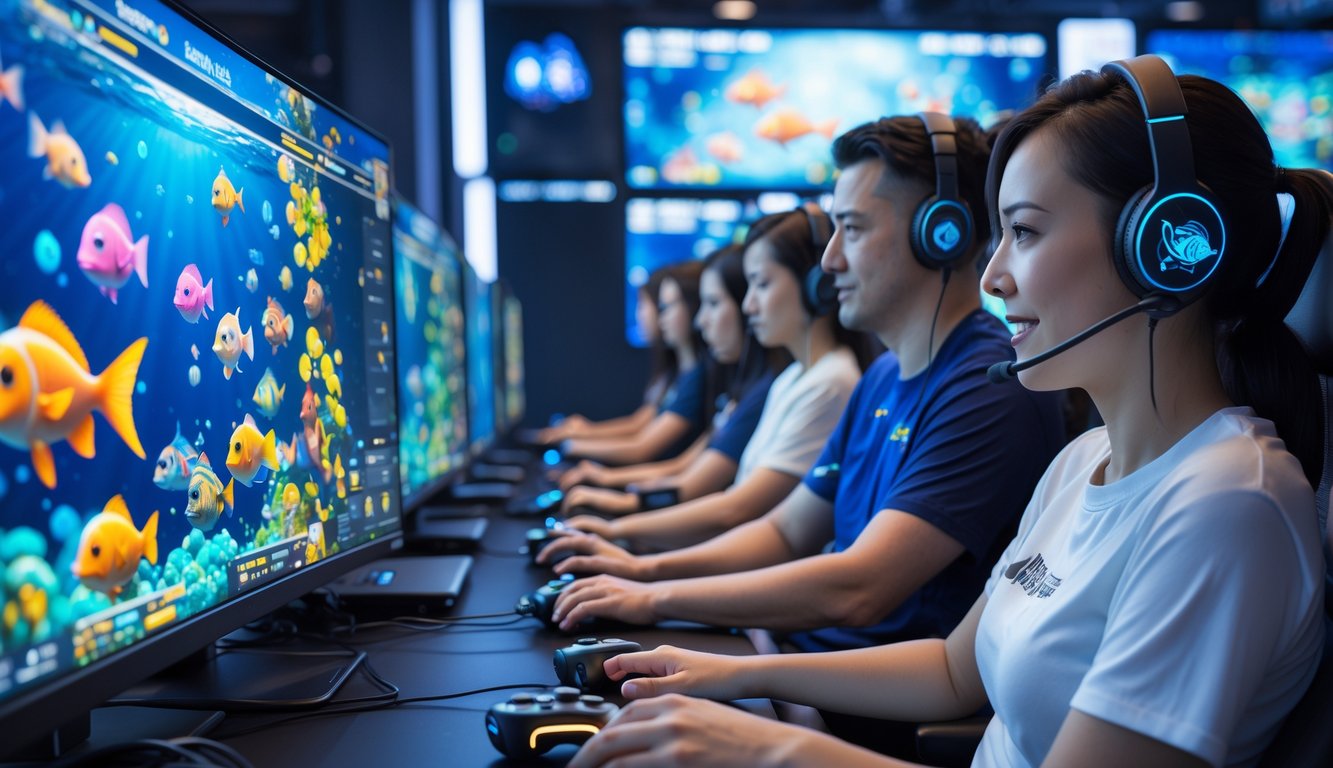 Beberapa pemain profesional sedang fokus bermain game tembak ikan di ruangan gaming dengan layar komputer yang menampilkan grafis ikan berwarna-warni.